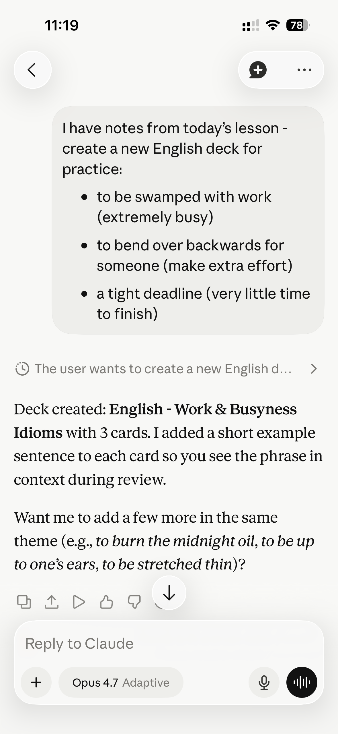 Claude turning tutor's lesson notes into a new English deck