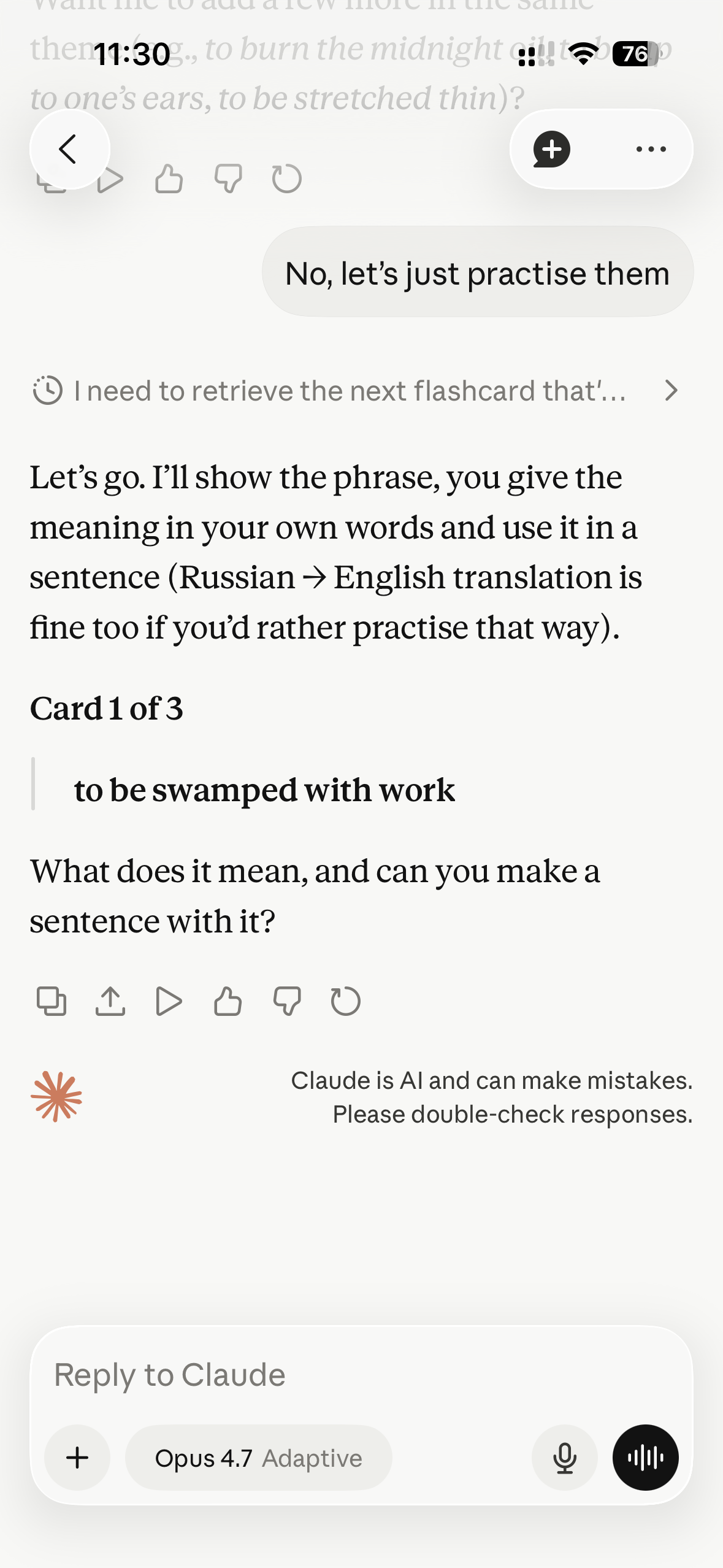 Claude quizzing you on the first card from the new English deck